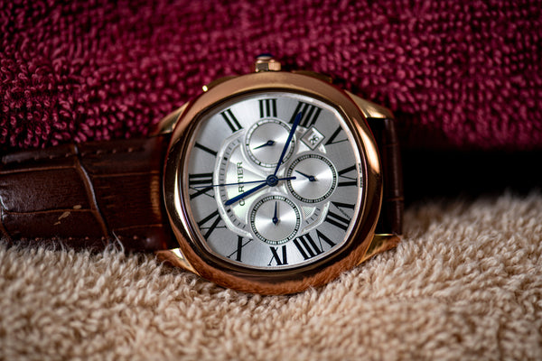 Cartier Drive De Cartier Chrono Golden Steel Men's Watch with brown leather