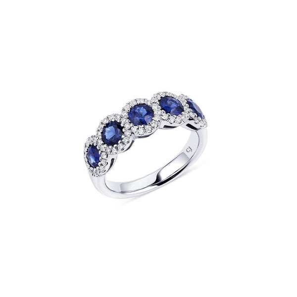18kt White Gold 5 Blue Sapphire and Diamond Halo Band Ring