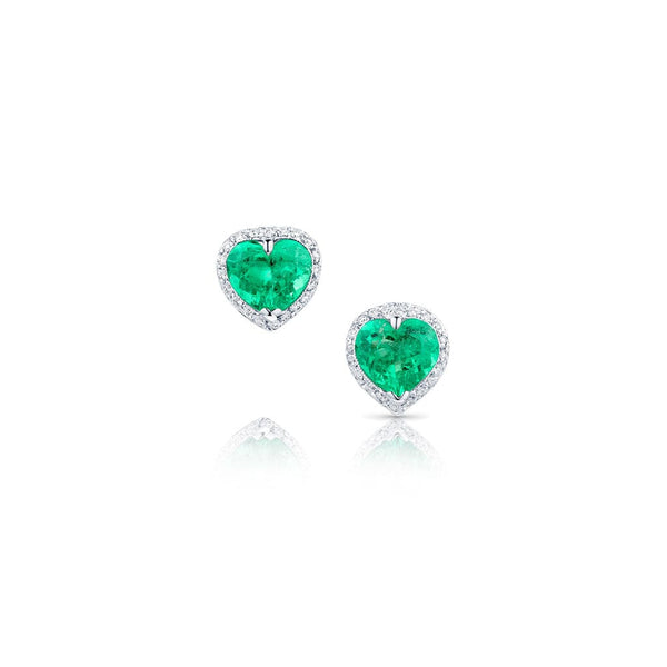 18kt White Gold Heart Emerald and Diamond Earrings