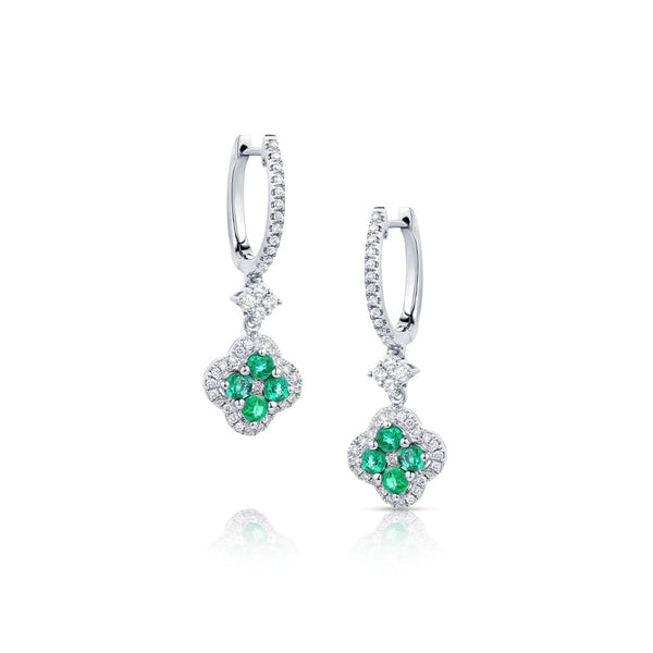 18kt White Gold 0.60ctw Emerald and 0.47ctw Diamond Quatrefoil Drop Earrings