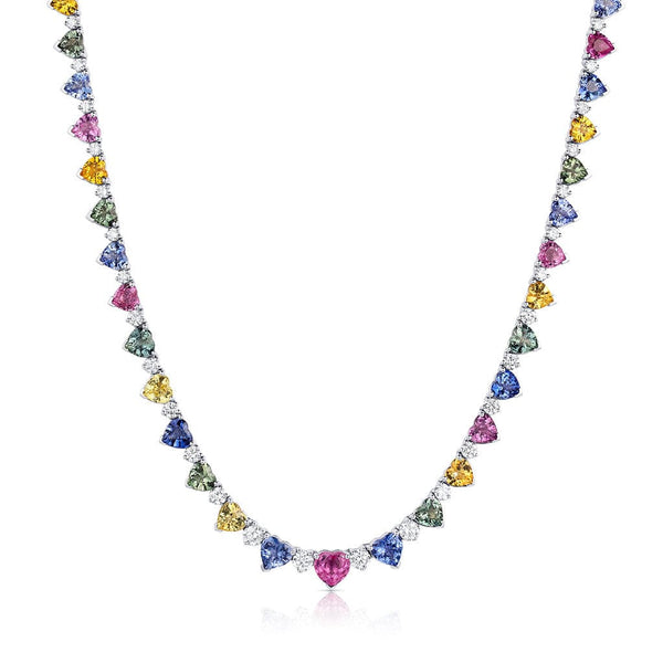 18kt White Gold Multi-Colored Sapphire and Diamond Heart-Shaped Necklace
