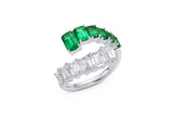 18K White Gold Emerald and Emerald-Cut Diamond Bypass Ring