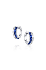 18K White Gold Blue Sapphire & Emerald-Cut Diamond Huggie Hoop Earrings