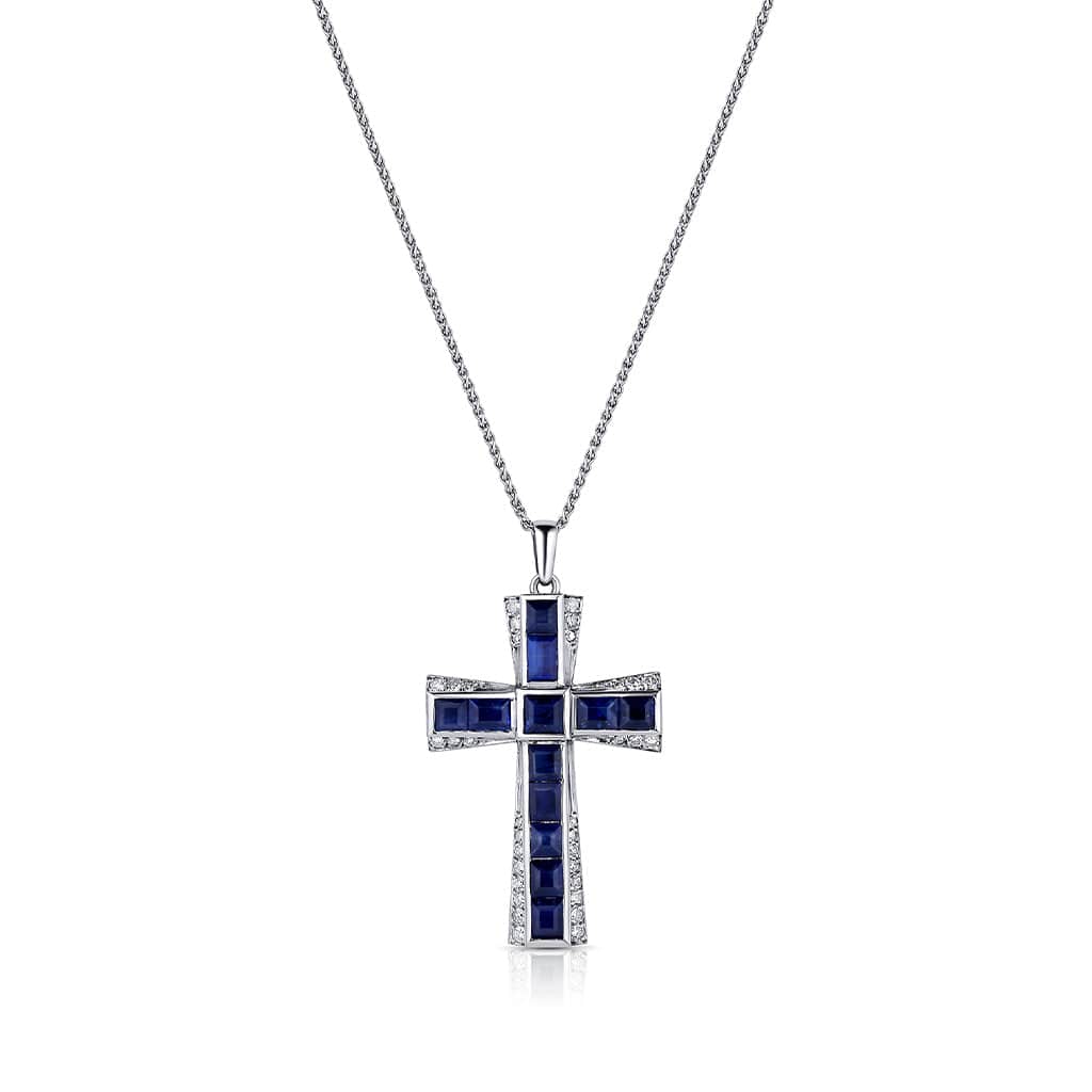 Estate 18kt White Gold Diamond Blue Sapphire Cross Pendant Necklace CJ Charles Jewelers