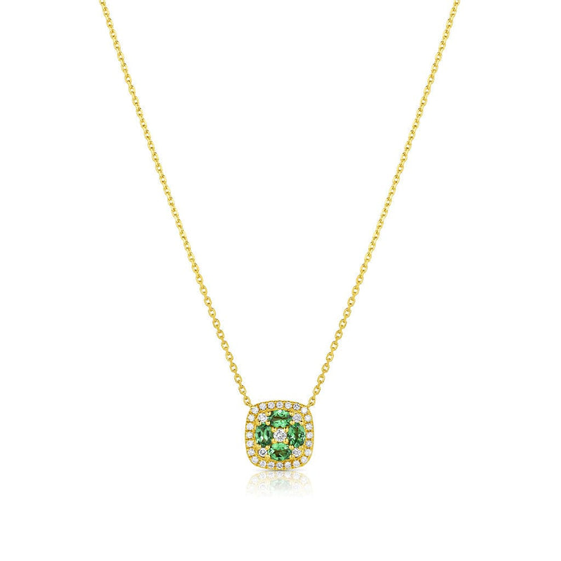 18kt Yellow Gold Green Garnet Diamond Cushion Pendant Necklace