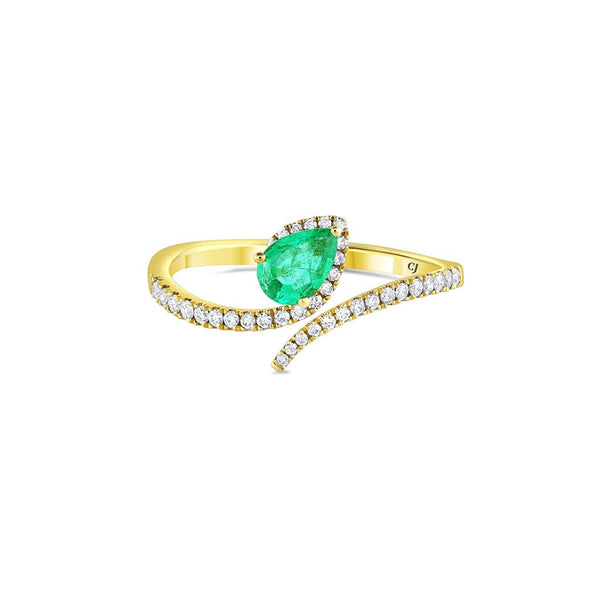18k Yellow Gold Pear-Shaped Emerald Diamond Bypass Ring