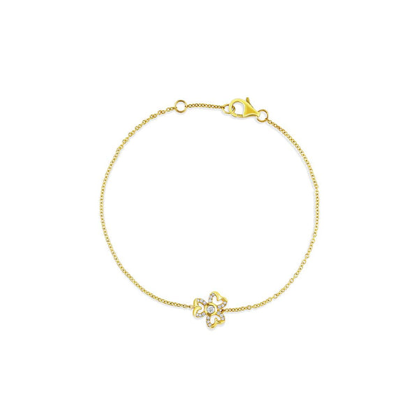 18k Yellow Gold Diamond Three Leaf Flower Chain Bracelet