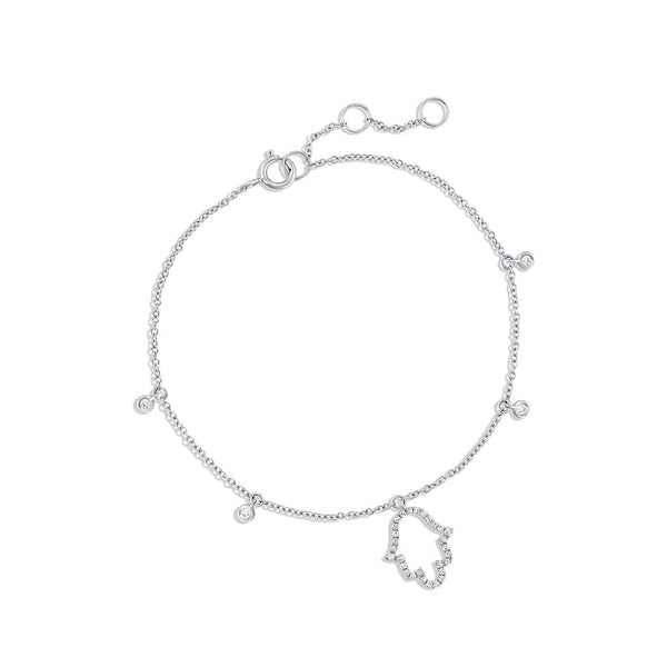 18K White Gold Diamond Dangle Hamza Chain Link Bracelet