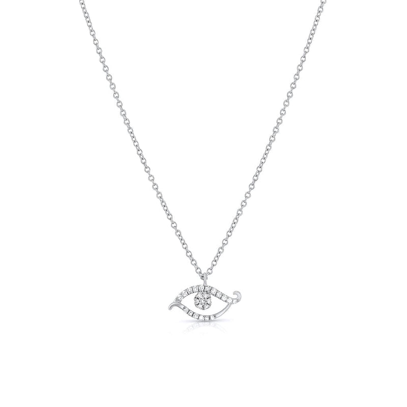 18K White Gold Diamond Scrolled Evil Eye Pendant Necklace