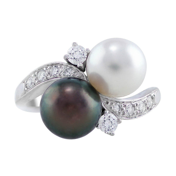 Estate White and Tahitian Black Pearl Diamond Ring