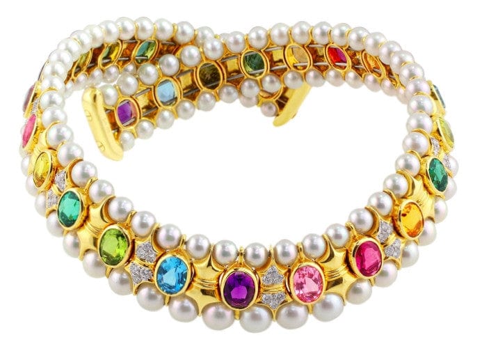 Estate Pearl Diamond Colored Stone Choker Necklace