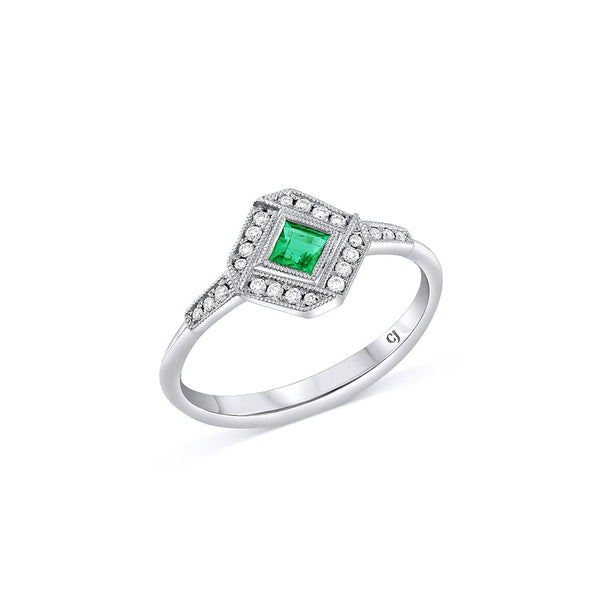 18K White Gold 0.18ct Emerald and 0.10ct Diamond Art Deco Ring
