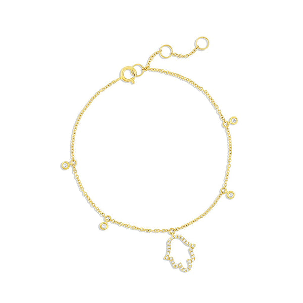 18K Yellow Gold Diamond Dangle Hamza Chain Link Bracelet