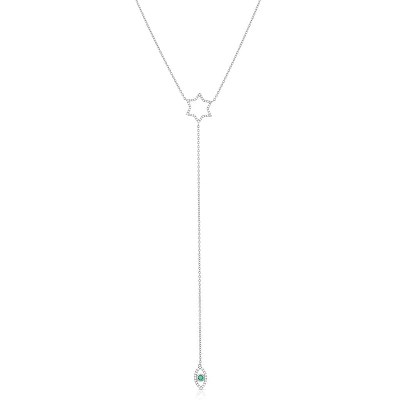 18K White Gold Diamond and Emerald Star of David Evil Eye Pendant Necklace