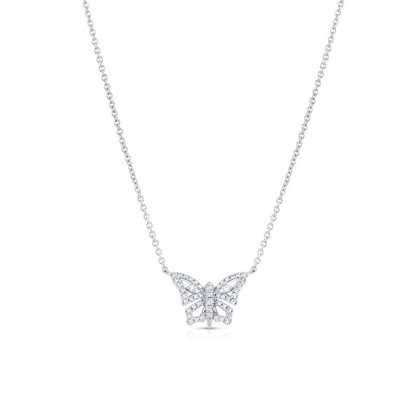 18K White Gold Diamond Butterfly Stationed Pendant Necklace