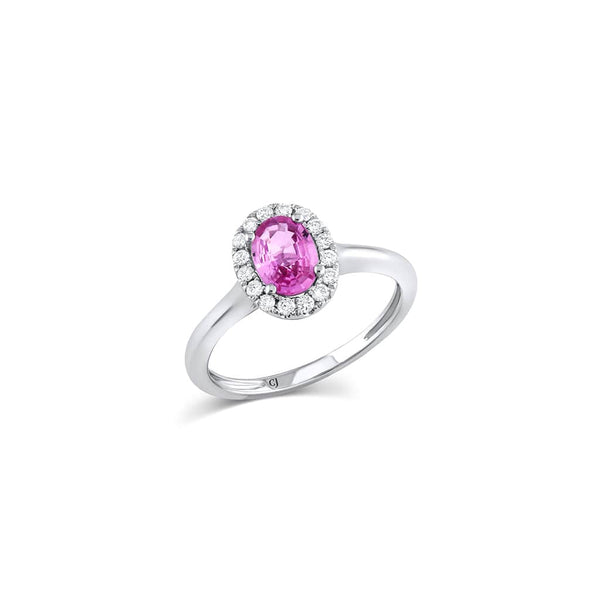 18kt White Gold 0.75ct Pink Sapphire Diamond Halo Ring