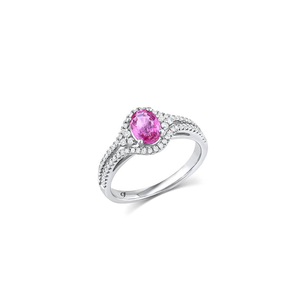 18kt White Gold Pink Sapphire Diamond Split Shank Halo Ring