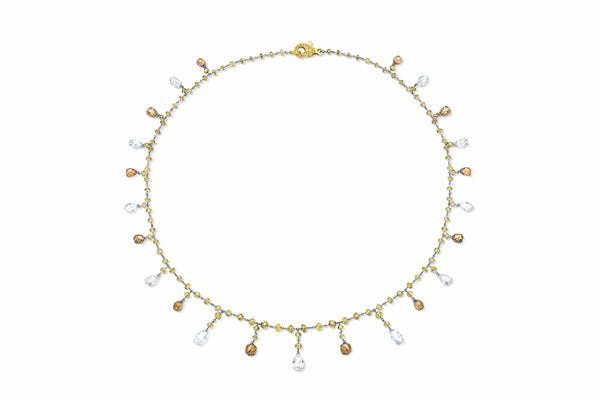 Rivière 18k Yellow Gold Platinum Briolette Multi-color Diamond Necklace