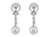 Estate 14k White Gold Pearl Diamond Dangle Earrings