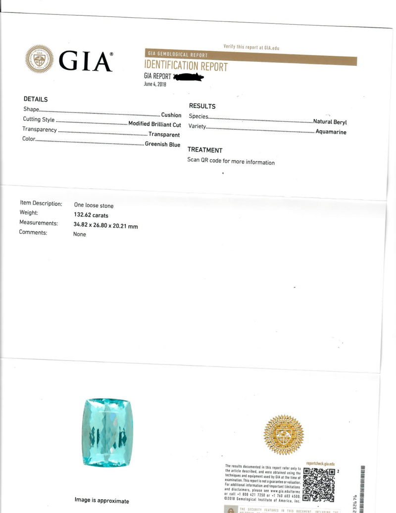 Platinum Impressive Aquamarine and Diamond Ring GIA Certified 132.62cts