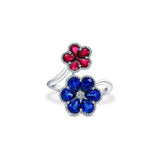 18k White Gold Sapphire and Ruby Floral Bypass Ring