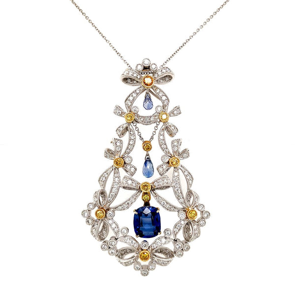 18K Gold Diamond Sapphire Chandelier Bow Pendant Necklace