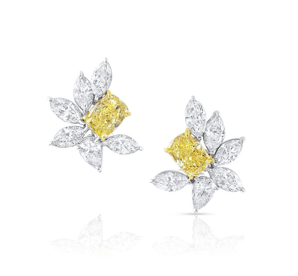 Rivière 18k Yellow Gold and Platinum Fancy Vivid Yellow Cluster Earrings, GIA Certified