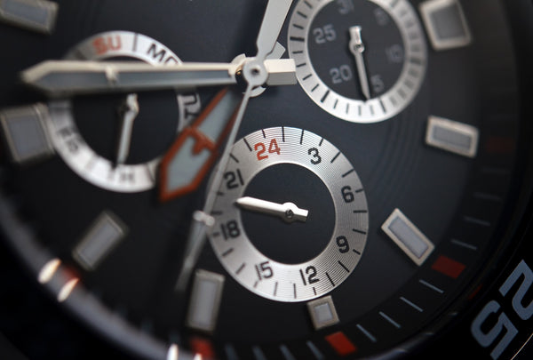Closeup of a chronograph watch