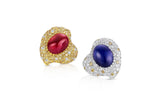 18K White & Yellow Gold Cabochon Sapphire & Ruby Heart Earrings with Diamond Surround