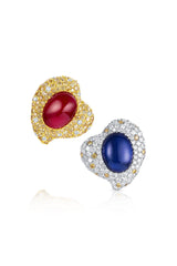 18K White & Yellow Gold Cabochon Sapphire & Ruby Heart Earrings with Diamond Surround