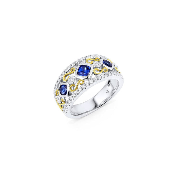 18kt White and Yellow Gold Blue Sapphire and Diamond Filigree Band