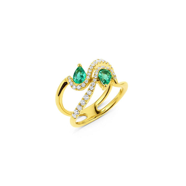 18kt Yellow Gold 0.68ctw Emerald and 0.41ctw Diamond Wave Ring