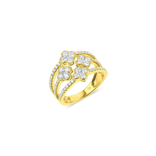 18kt Yellow Gold Diamond Triple Row 4 Quatrefoil Ring