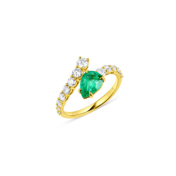 18kt Yellow Gold Pear Shaped Emerald and Diamond Bypass Ring
