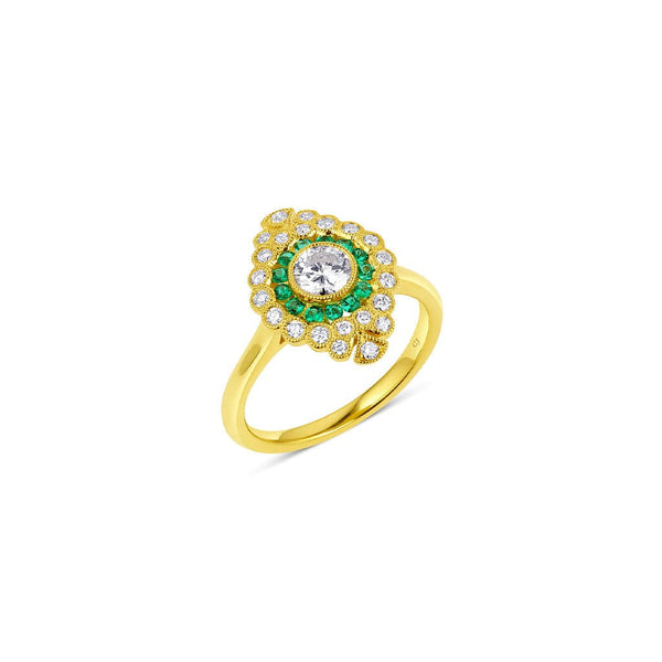 18kt Yellow Gold Emerald and Diamond Shield Ring