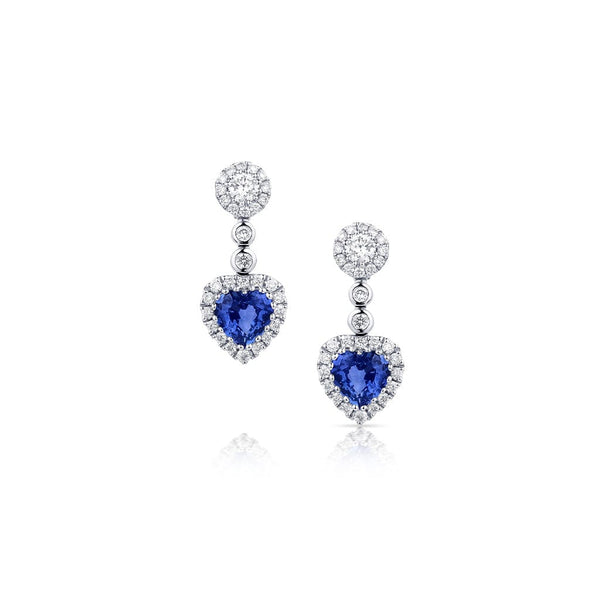 18kt White Gold 1.22ctw Sapphire and Diamond Heart Shaped Drop Earrings
