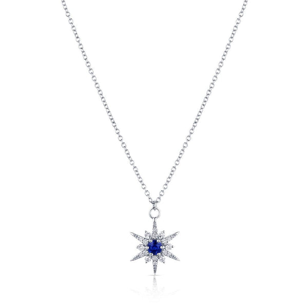 18kt White Gold Blue Sapphire and Diamond Sunburst Necklace