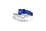 18K White Gold Blue Sapphire and Emerald-Cut Diamond Bypass Ring
