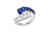 18K White Gold Blue Sapphire and Emerald-Cut Diamond Bypass Ring