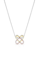 Estate 18K Tri-Color Gold Double Heart Necklace with White, Pink & Yellow Diamonds