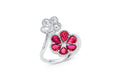 18K White Gold Ruby & Diamond Flower Bypass Ring
