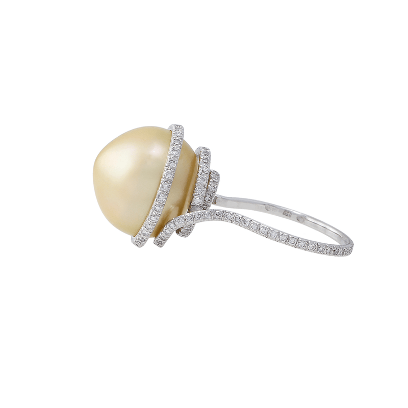 Platinum Diamond 14mm Gold Pearl Ring