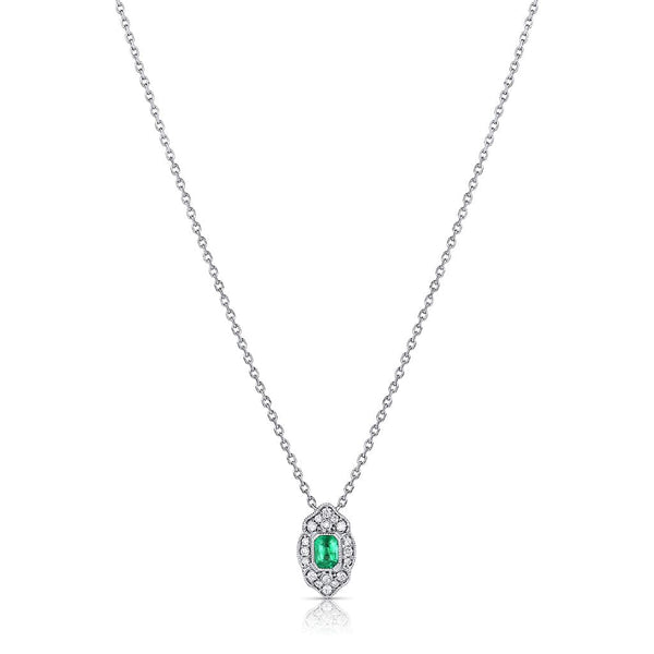 14kt White Gold Emerald Diamond Art Deco Design Necklace