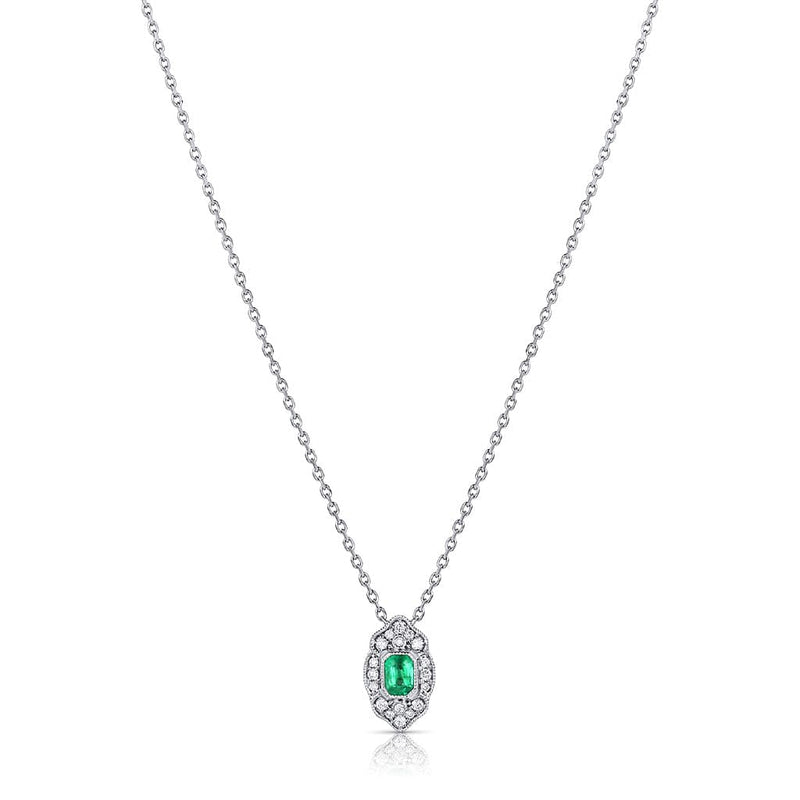 14kt White Gold Emerald Diamond Art Deco Design Necklace