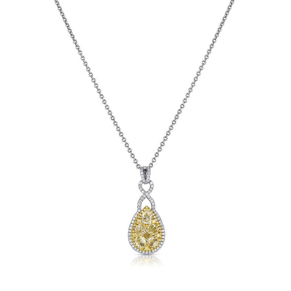 18k Gold Yellow and White Diamond Teardrop Cluster Pendant Necklace