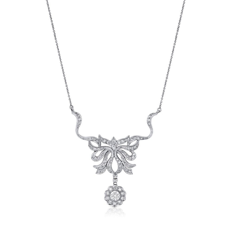 Estate 14kt White Gold Floral Filigree Diamond Pendant Necklace