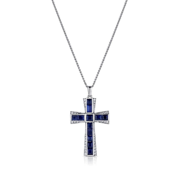 Estate 18kt White Gold Diamond Blue Sapphire Cross Pendant Necklace