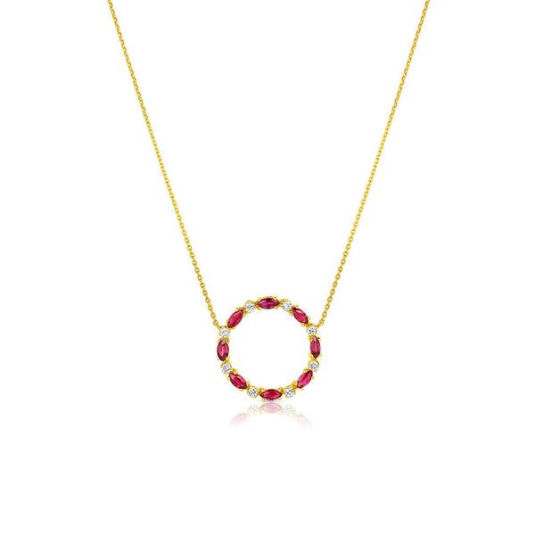 Estate 14kt Yellow Gold Ruby Diamond Round Pendant Necklace
