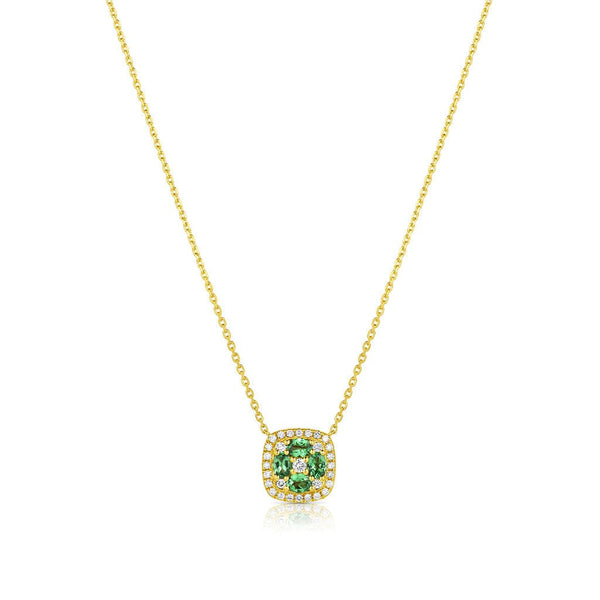 18kt Yellow Gold Green Garnet Diamond Cushion Pendant Necklace