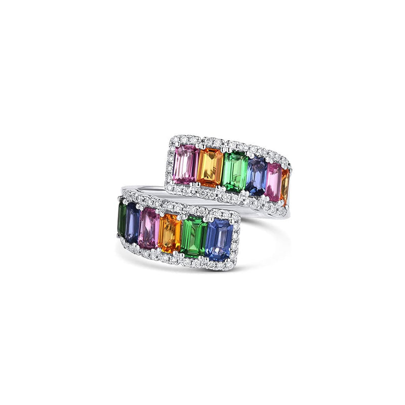 18kt White Gold Diamond Rainbow Sapphire Bypass Ring